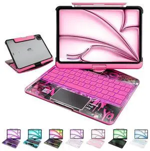 MAYDORHER for iPad 9th Generation Case with Keyboard, Cyberpunk High-tech 360° Rotating Style with Pressure Reduction Sound Effect Keyboard Case for iPad 9/8/7th Gen 10.2 Inch, Transparent Pink