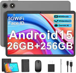 Android 15 Tablet with Keyboard - 26GB RAM + 256GB ROM, 2TB Expand, 10 inch 2-in-1 Tablets with 5G/2.4G WiFi, 8000mAh, BT5.0, 5MP+13MP, Split Screen, Widevine L1, Mouse, Case, Stylus (Black Case)