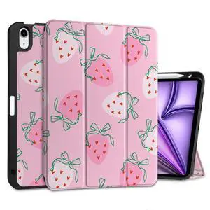 MEEgoodo Case for M3/M2 iPad Air 11 inch 2025/2024,Case for iPad Air 5th Generation/iPad Air 4th Generation 10.9 inch 2022 2020, Tablet Cover with Soft TPU Back Shell, Strawberry & Bow
