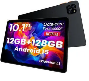 Callsky-Tech Tablet: 10.1 Inch Tablet - Android 15 Tablets - 12GB RAM 128GB ROM, Octa-core Processor, IPS HD Display, Widevine L1, WiFi 6 & Bluetooth 5.4, Dual Cameras, Dual Speakers, 6000mAh Battery