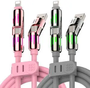 MFish 240W 4-in-1 Universal USB Charging Cable [2 Pack, 6.6ft]  Fast Charger Cord with USB-A, Dual USB-C & Lighting, for iPhone 14/15/16/17 Series, iPad & MacBook & More (2PACK, Pink+Grey, 6.6Ft)