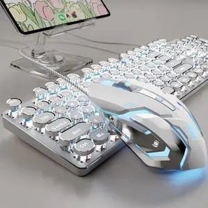 SEUNKWANG EWEADN TK100 Wired Typewriter Mechanical Keyboard and Mouse, 104 Keys Aesthetic Typewriter Keyboard Mouse Combo with White Backlit, Anti-Ghosting, Black Switch Cute Keyboards-White