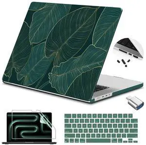 Teryeefi Pattern Case for MacBook Pro 14 inch Case 2025-2021 M5 M4 M3 M2 M1 Pro/Max, Fit Model A3401 A3112 A2992 A2918 A2779 A2442 Protective Hard Shell +Keyboard Cover+Screen Protector - Green Leaf