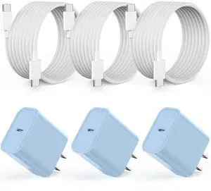 Apple MFi Certified20W USB C Fast Charger iPhone 17 16 15 Charge Block 3Pack 6 FT TypeC Fast Charger Cable for iPhone 17/17 Pro/17 ProMax/iPhone 16/16 ProMax/15 Plus All USB C Charging Devices(Blue)