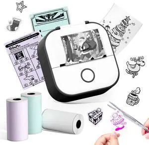 Memoqueen Thermal Sticker Printer - T02 Print Pods Mini Printer Sticker Maker Machine Ideal Gifts for Holiday, Study Notes, Memos, Work Plans, Bluetooth Printers for Phone with 3 Rolls Paper, Black