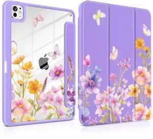 Loyrina Case for iPad Pro 13 inch (M5) 2025 (M4) 2024 Release Slim Lightweight Cute Purple Cover with Clear Back TPU Edge Pencil Holder Trifold Stand, Watercolor Flower