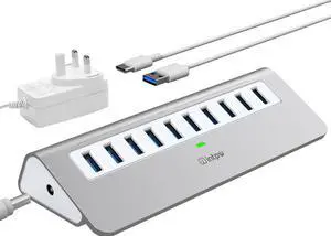 Powered USB Hub, intpw 10 Port USB 3.1 Hub with 10Gbps Data Transfer, 36W(12V/3A) Power Adapter, USB Type A and Type C Cable, Aluminum USB Hub for Laptop, MacBook and Desktop Computer