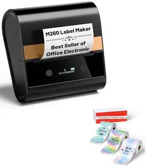 Memoking Label Maker - M260 Barcode Label Printer, 3.14 Inch Bluetooth Thermal Label Maker Machine + M220 Labels, M110 Thermal Labels Round - 1.96"