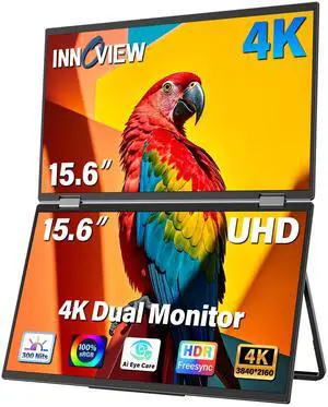 InnoView 15.6" 4K Dual Portable Monitor 3840x2160P 100% sRGB | Owl Eye Vision - Foldable Design with 315° Screen Adjustment, 180° Stand | DP/USB-C/HDMI, Dual Screen Extender for Laptop, Mac, Windows