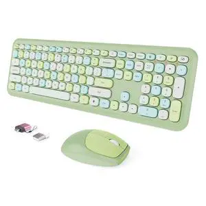 Wireless Keyboard and Mouse Combo, Colorful Ergonomic Full Size Retro Low-Noise Keyboard with Cute keycaps, Compatible with Windows, PC, Perfer for Home and Office Keyboards (Green)