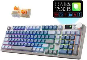 iRocks K85R Wireless RGB Backlit Mechanical Gaming Keyboard with LCD Display, Hot-Swappable Pre-lubed Switches, 98 PBT Keys, USB-C Detachable Cable (Aurora Blue, Silent Bubble Switch)