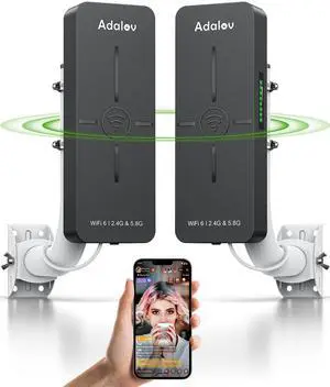 Adalov WiFi 6 Wireless Bridge: Dual Band Gigabit WiFi Bridge with 5KM Long Range - 2.4G/5.8G - Work with Starlink - Plug & Play, Point-to-Point Wireless Bridge for Barn Garage Farm, IP65 Weatherproof