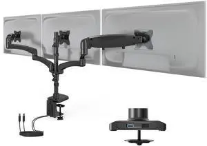 Mount-It! Triple Monitor Mount with USB and Audio Ports, 3 Monitor Desk Mount with Gas Spring Arms for Easy Height Adjustment, Full Motion Design Supports Computer Monitors Up to 32", Black