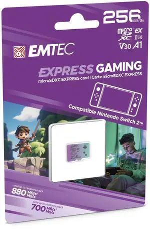 EMTEC Express Gaming microSD, microSD Express 7.1 PCIe NVMe, Up to 880MB/s Read, 700MB/s Write, SSD-Level Speed for Nintendo Switch 2, Consoles, 4K UHD (Purple, 256, GB)