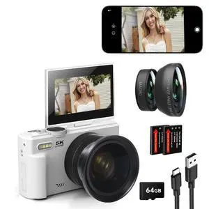 5K 75MP Digital Camera 18X Digital Zoom, Upgraded Vlogging Cameras with WiFi & Mic, Wide Angle & Macro Lens, 3" 180°Flip Screen Webcam Travel Cameras for Teens, Beginner with 64GB Card, HDMI