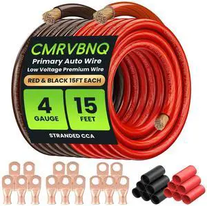 CMRVBNQ 4 Gauge Battery Cable CCA Wire Kit, 15ft Each Red Black with Terminals Heat Shrink Tubes Low Voltage Primary Automotive Power Ground Cable for Car Audio Amp Subwoofer RV Wiring CMRVBNQ 4 Gauge Battery Cable CCA Wire Kit, 15ft Each Red Black with Terminals Heat Shrink Tubes Low Voltage Primary Automotive Power Ground Cable for Car Audio Amp Subwoofer RV Wiring