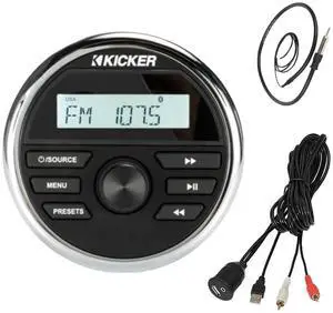 Kicker Marine Boat Yacht Gauge Style AM/FM Radio Stereo Receiver Media Player Bundle Combo with Enrock USB/AUX to RCA Interface Mount Cable + 22" Radio Antenna Kicker Marine Boat Yacht Gauge Style AM/FM Radio Stereo Receiver Media Player Bundle Combo with Enrock USB/AUX to RCA Interface Mount Cable + 22" Radio Antenna