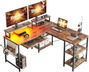 Bestier L Shaped Gaming Desk with Led Light 95.2 Inch Computer Corner Desk or 2 Person Long Table with Shelves Monitor Stand and Keyboard Tray for Home Office, Rustic Brown