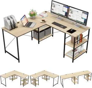 Bestier L Shaped Desk with Shelves 95.2 Inch Reversible Corner Computer Desk or 2 Person Long Table for Home Office Large Gaming Writing Storage Workstation P2 Board with 3 Cable Holes, Oak