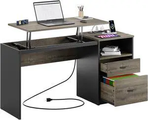 Bestier 59.84 inch Computer Desk with 2 Storage Drawers Power Outlet and Lift Top Retro Grey Oak Dark