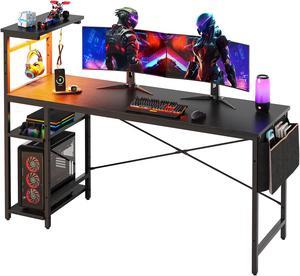 Bestier 61.3 Inch Gaming Desk, 4 Tier Shelf Computer Desk with LED Lighting, Side Storage Bag and Accessories Hanger for Gaming and Working, Black