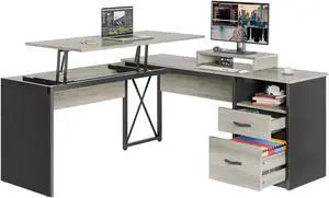 Bestier 95.2" Lift Top L-Shaped Desk with Storage Drawers, 9 Inch Lift Standing Office Desk with Movable Computer Monitor Stand, Wash Gray
