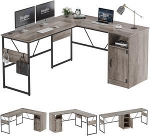 Bestier Reversible 60 inches L Shaped Computer Desk with Storage Cabinet Long Desk for 2 Person Wash Gray