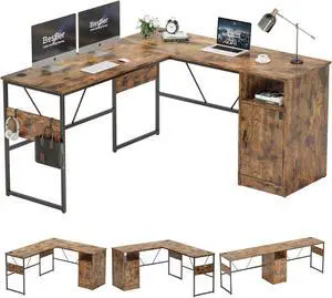 Bestier Reversible 60 inches L Shaped Computer Desk with Storage Cabinet Long Desk for 2 Person ustic Brown