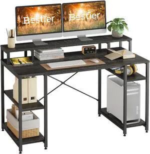 Bestier Gaming Desk with Monitor Shelf, 55 inches Home Office Desk with Open Storage Shelves, Writing Study Table Workstation for Small Space, Black Chalcoal