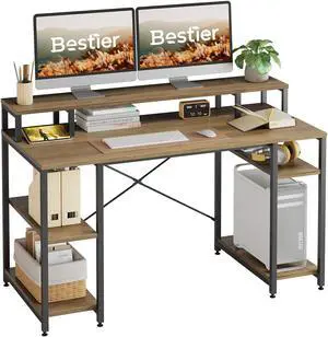 Bestier Gaming Desk with Monitor Shelf, 55 inches Home Office Desk with Open Storage Shelves, Writing Study Table Workstation for Small Space, Retro Oak