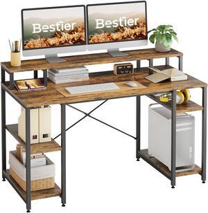 Bestier Gaming Desk with Monitor Shelf, 55 inches Home Office Desk with Open Storage Shelves, Writing Study Table Workstation for Small Space, Rustic Brown