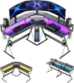 94.5Computer Gaming Desk with Storage & USB Power Strip, Keyboard Tray &  Monitor Stand, Home Office Desks with LED Lights,Extra Long Double Desk for  2 Person, Rustic Brown 