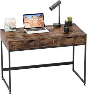Bestier Small Rectangular Office Writing Computer Workstation Vanity Makeup Desk Minimal Elegant Simple Style with 2 Large Drawers, Rustic Brown