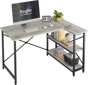 Bestier Small L Shaped Gaming Desk with Shelves 47 Inch Reversible Corner Computer Desk Writing Storage Table for Home Office Small Space, Antique White