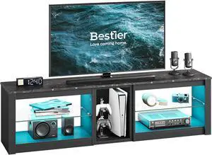 Bestier TV Stand for 70 inch TV, Gaming Entertainment Center for PS5, LED TV Cabinet with Glass Shelves for Living Room, 63'' Inch, Black Marble