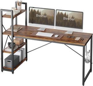 Bestier 63 Inch Computer Desk with Storage Shelves, Modern Bookshelf Desk with Headphone Hook Large Workstation Writing Desk with Reversible Bookshelves Home Office Work Table Study Desk Rustic Brown