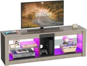 Bestier Entertainment Center LED Gaming TV Stand for 55+ Inch TV Adjustable Glass Shelves 22 Dynamic RGB Modes TV Cabinet Game Console PS4,Gray