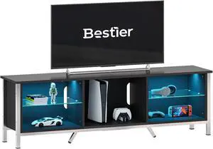 Bestier TV Stand with LED Light for 75 inch TV, Modern Gaming Entertainment Center with Detachable Glass Shelves for PS5 Black Carbon Fiber