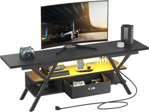 Bestier LED Entertainment Center with Power Outlets Gaming TV Stand for TV up to 65 Inch 55 TV Game Console for Living Room Bedroom Removable Drawer 20 Dynamic RGB Modes, Carbon Fiber Black