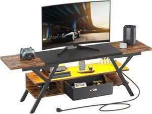 Bestier 70" Gaming TV Stand for TVs up to 75" with Power Outlets Entertainment Center with LED Light, Rustic Brown
