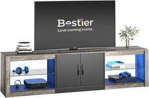 Bestier 70 inch LED P2 Wood TV Stand 20 Color RGB Light Entertainment Center, Television Cabinet  Wash White