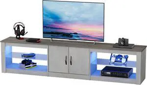 Bestier 80 Inch TV Stand, Modern Media Console with Adjustable Lockers and RGB Light Strip, Suitable for 85-95 Inch TVs, White Wash