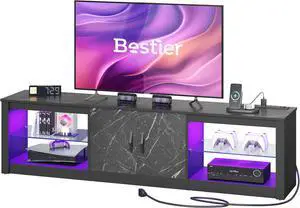 Bestier TV Stand for TVs up to 75" with LED Lights & Power Outlet, Entertainment Center with Storage Cabinet, Black Marble