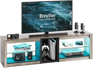 Bestier LED TV Stand for 70 Inch TVs, Gaming Entertainment Center with RGB Lights, Glass Shelves & Storage Cabinet, Gray Wash