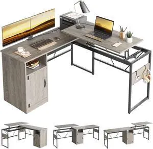 Bestier L Shaped Standing Desk Adjustable Height, 60" Corner Computer Desk with Storage File Cabinet, 95.2" Long and Large Reversible Office Desk with Lift Top, Washed Gray