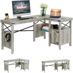 Bestier L-Shaped Home Office Computer Desk with Storage Cabinet & Bookshelf, Farmhouse Office Table for Writing Study, 60 x 42 Inch Corner Desk or 82.3 Inch 2 Person Long Desk, Wash Gray