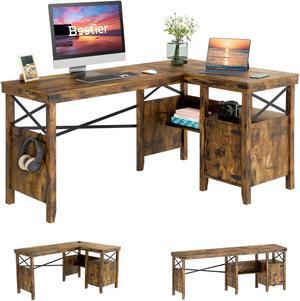 Bestier L-Shaped Home Office Computer Desk with Storage Cabinet & Bookshelf, Farmhouse Office Table for Writing Study, 60 x 42 Inch Corner Desk or 82.3 Inch 2 Person Long Desk, Rustic Brown