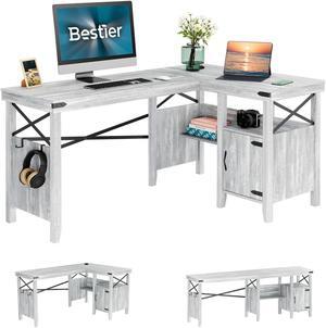 Bestier L-Shaped Home Office Computer Desk with Storage Cabinet & Bookshelf, Farmhouse Office Table for Writing Study, 60 x 42 Inch Corner Desk or 82.3 Inch 2 Person Long Desk, White