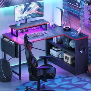 Bestier 42" Open Cabinet Gaming Desk, L-Shaped Reversible Desk with Monitor Stand, RGB Light Strip, Side Pocket, and Headset Hook for Gaming and Working, Carbon Fiber Black&Red