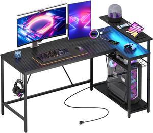 Bestier Reversible 44 inch Computer Desk with LED Lights Gaming Desk with 4  Tier Shelves Grey 